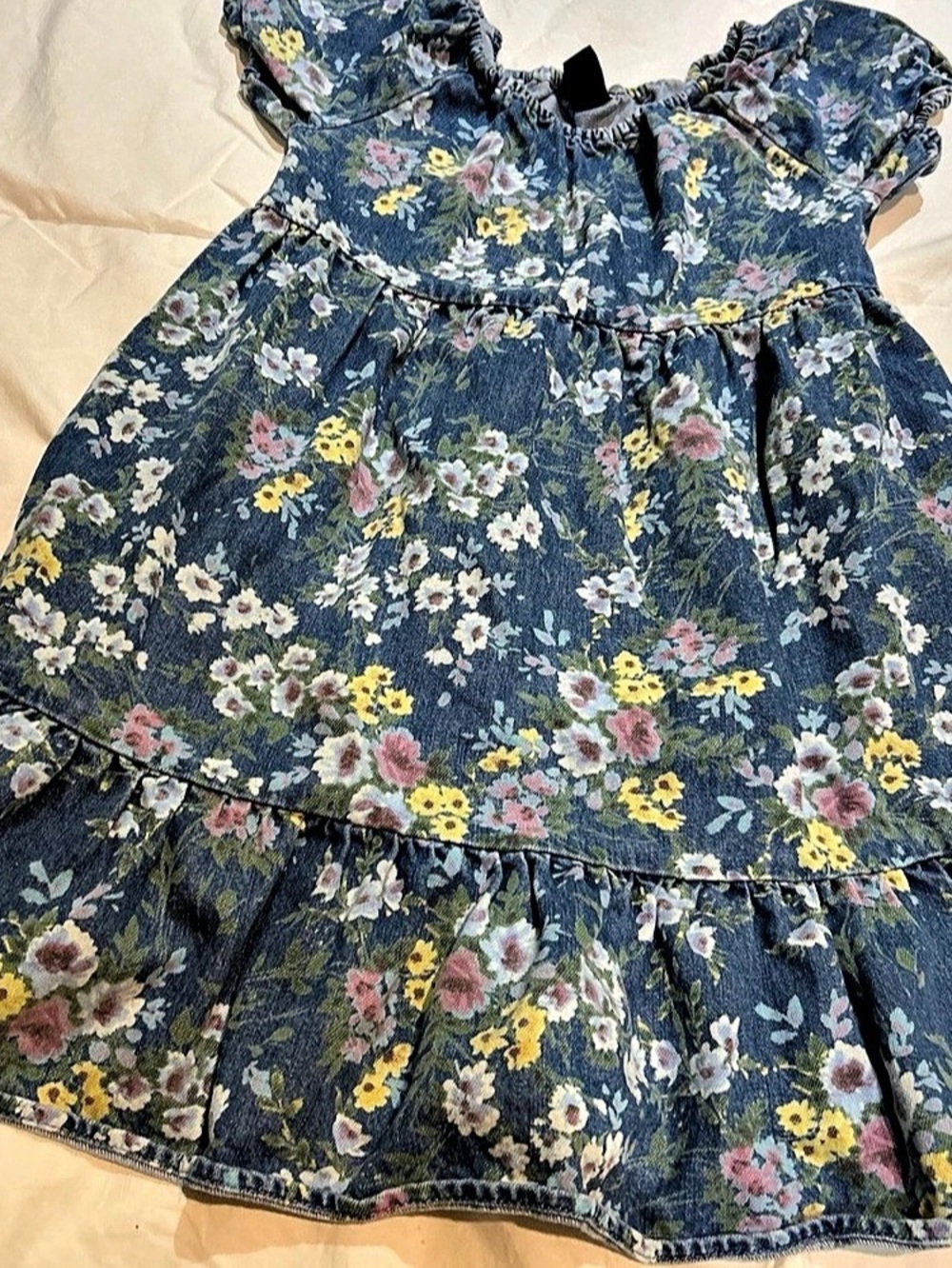 Gap Girls Kids Denim Puff Short Sleeve Dress Ruffle Hemline Jeans Sz large